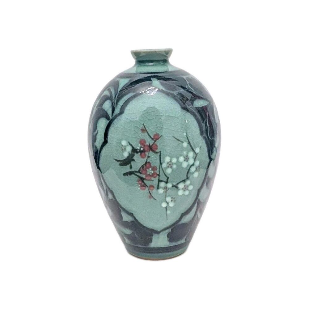 Celadon Green Japanese Cherry Plum Blossom Vase W Crazing Leaf Design 7.5"